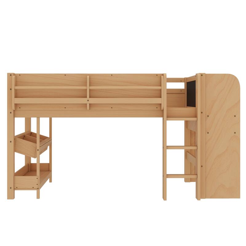 Full/Twin Size Loft Bed with Built-in Desk, Multi-Storage Bookcases & Blackboard, Solid Wood Low Loft Bed Frame