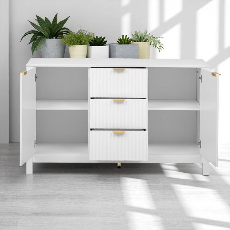 Wave Pattern Sideboard Cabinet with 3 Drawers, Soft-Close Doors & Adjustable Shelves, Entryway Storage Console