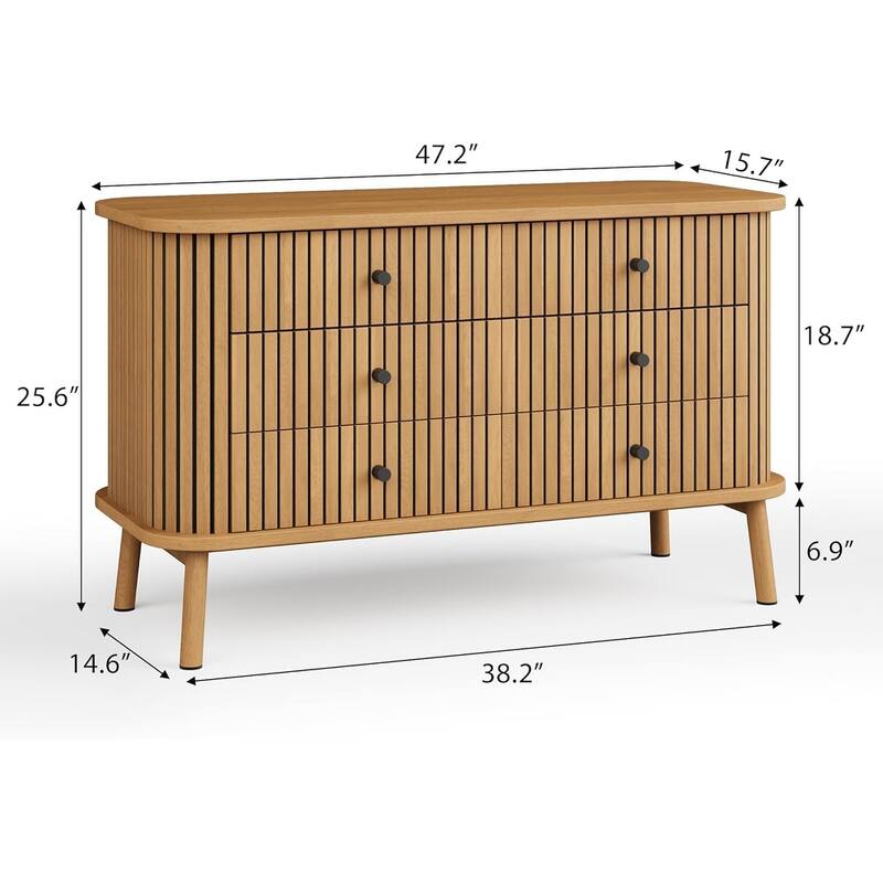 6 Drawer Dresser, Horizontal Chests of Double Drawers for Bedroom, Mid Century Dresser Spacious Storage