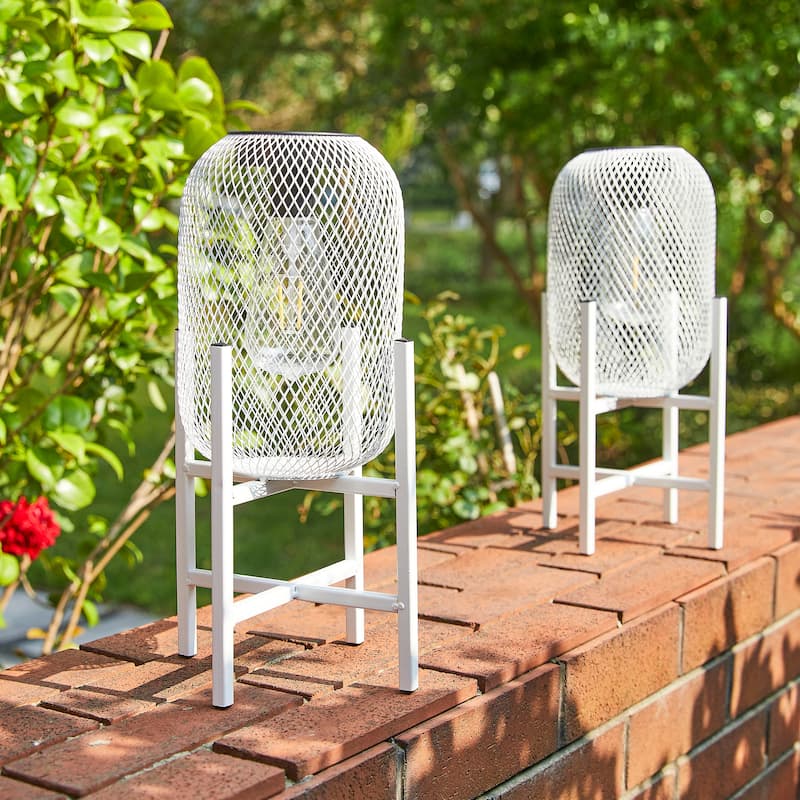 Glitzhome 11.5"H Set of 2 Mesh Edison Bulb Outdoor Solar Lantern with Stand