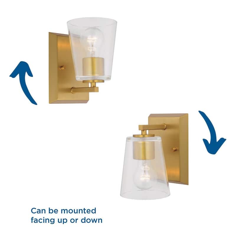 Vertex Collection One-Light Brushed Gold Clear Glass Contemporary Bath Light - 4.75 in x 6.25 in x 7.5 in