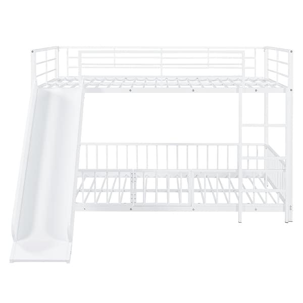 slide 2 of 20, Unique Design Full over Full Size Metal Bunk Bed with Slide and Guardrails Black