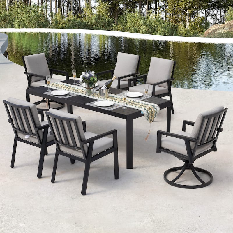 Outdoor 7-Piece Aluminum Dining Set with Soft Gray Cushion