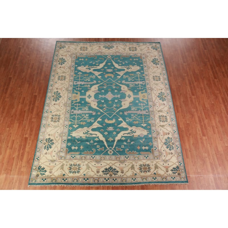 Teal Blue Oushak Indian Area Rug Hand-Knotted Wool Carpet - 9'2" x 11'11"