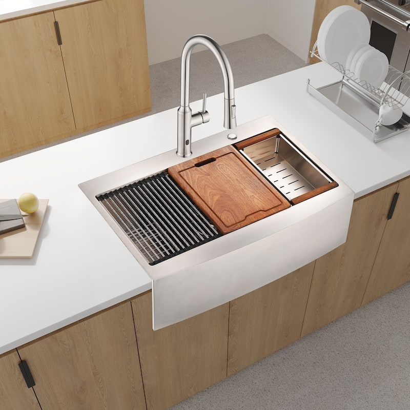 Farmhouse Apron Single Bowl Stainless Steel Kitchen Sink with Workstation - Brushed Nickel