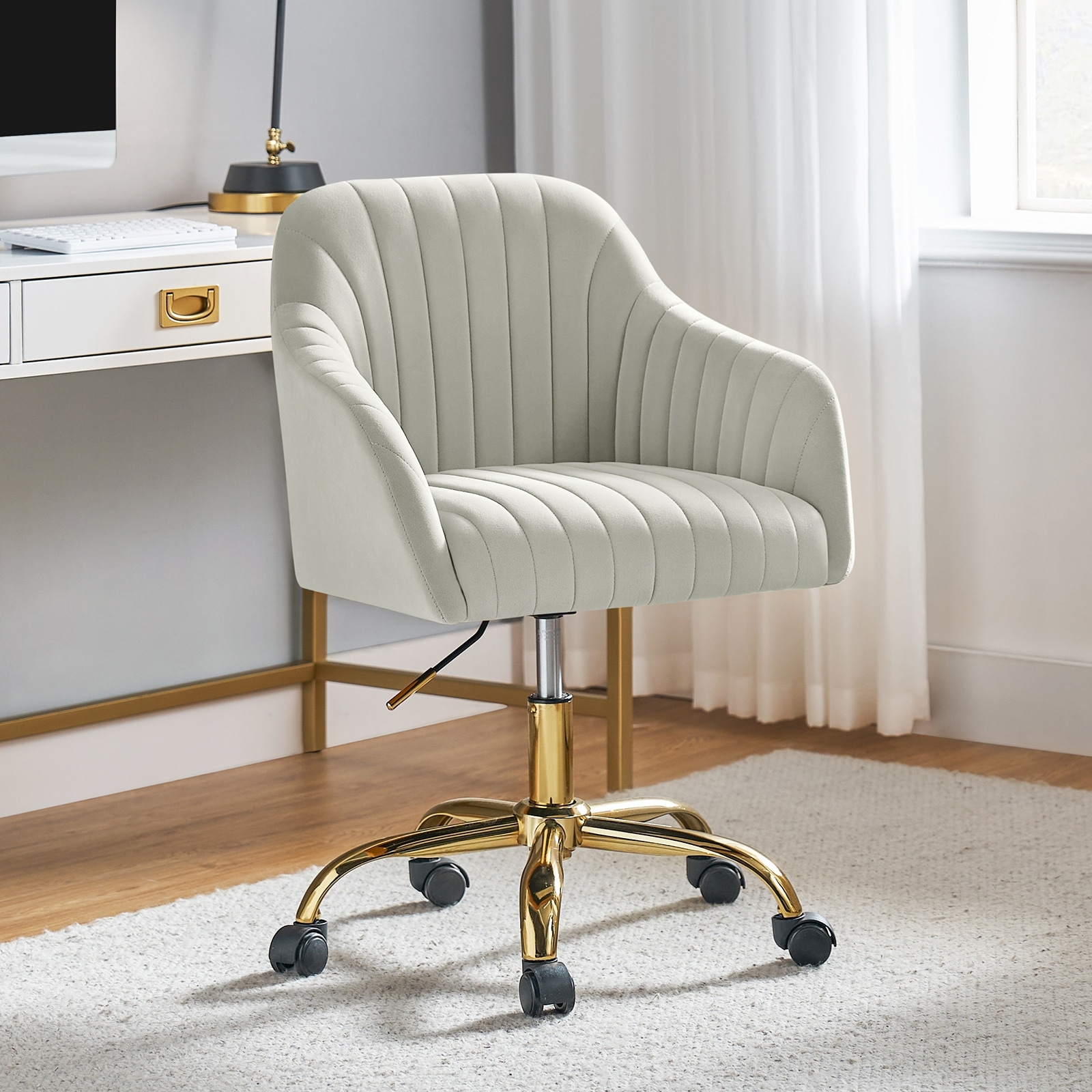 HULALA HOME Violeta Modern Velvet Upholstered Height Adjustable Swivel Office Chair with Golden Metal Legs