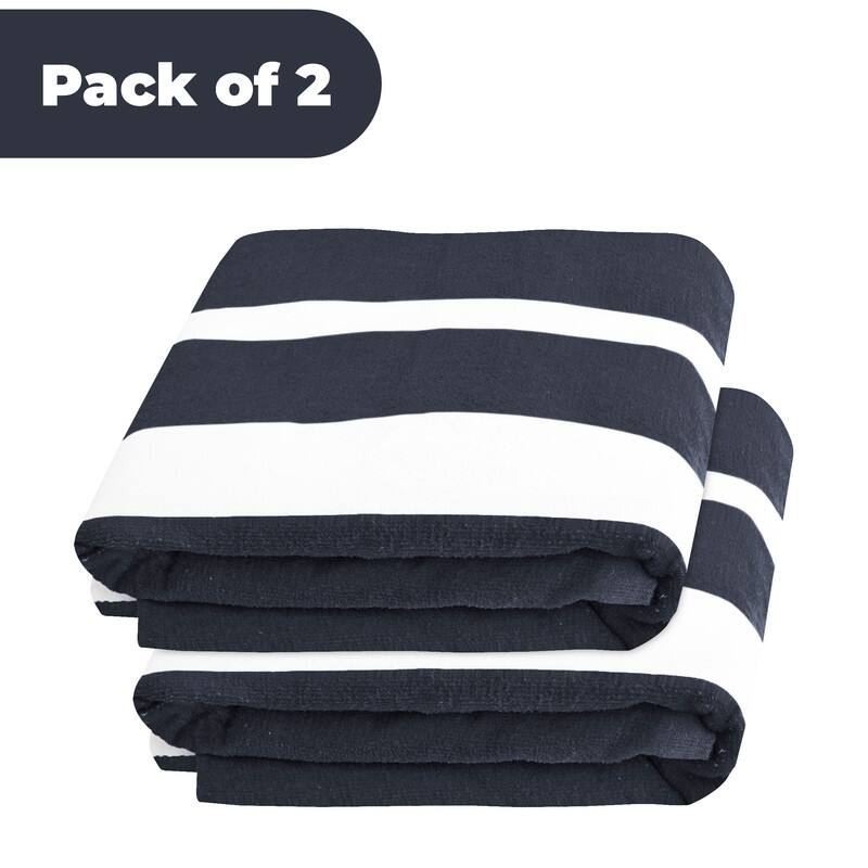 100% Cotton Cabana‑Stripe Lounge Chair Cover Terry Towel with Fitted Pocket & Back Flap Set of 2