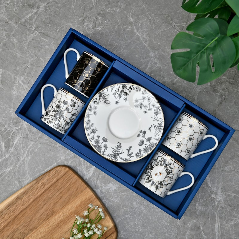 STP Goods Honeycomb Porcelain Turkish Coffee Espresso Cup & Saucer Set for 4