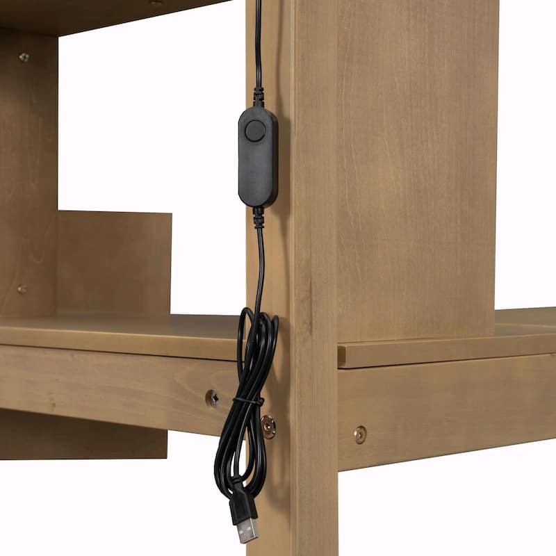 Wooden Twin Loft Bed with Built-in Desk, LED Lights, Storage Shelves, Cabinets & Staircase