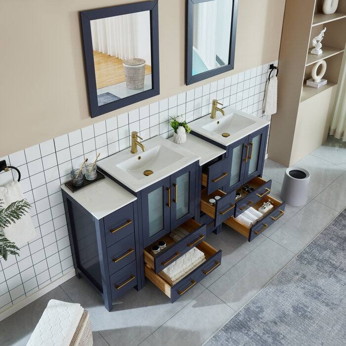 Vanity Art 72 in. Double Sink Bathroom Vanity with Top and Mirrors - 72 X 18.1 X 35.8