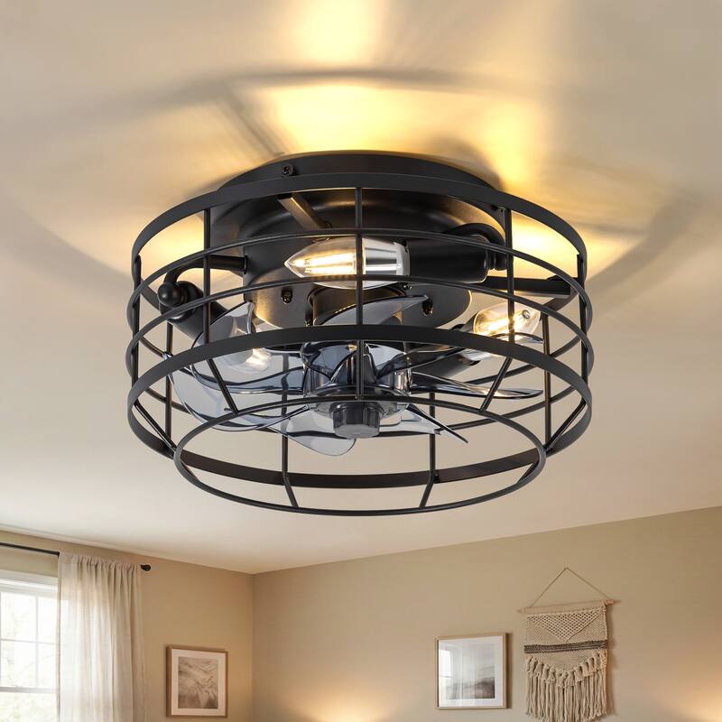 12" Low Profile Enclosed Cage Ceiling Fan with Light and Remote