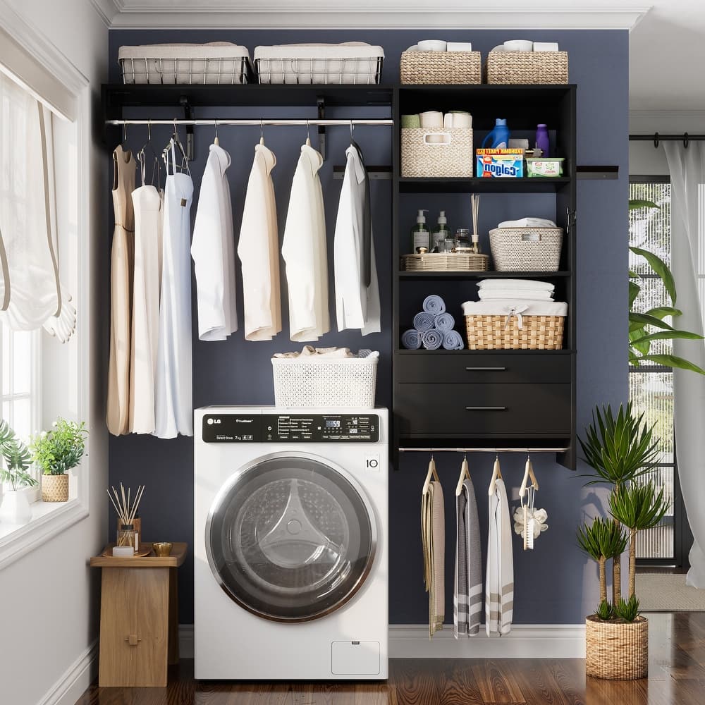 Rackcog Laundry Room Organizer with Drawers, Wall-mounted Closet System with Hanging Rods
