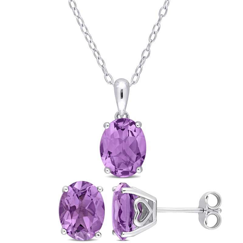Miadora 6ct TGW Oval Amethyst Solitaire Necklace and Stud Earrings Set in Sterling Silver