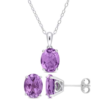 Miadora 6ct TGW Oval Amethyst Solitaire Necklace and Stud Earrings Set in Sterling Silver