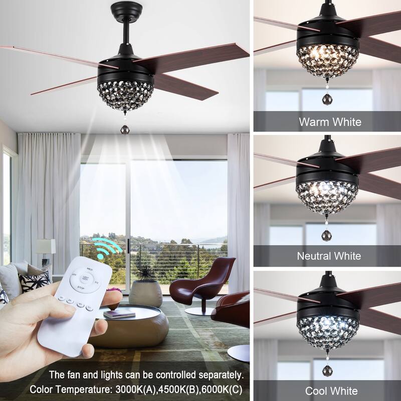 Belladepot 52" Modern Crystal Ceiling Fan with LED Light, Remote Control, Reversible