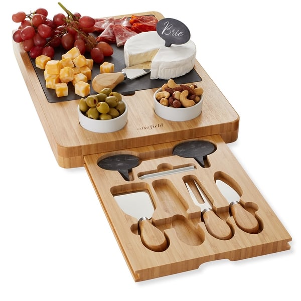 slide 2 of 6, Bamboo Cheese Board Gift Set with Slate Tray, 4 Knives, 2 Dip Bowls - Natural Natural
