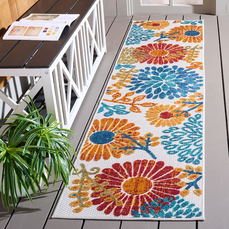 SAFAVIEH Cabana Hillechien Indoor/ Outdoor Waterproof Patio Floral Rug - 2' x 14' Runner - Creme/Red