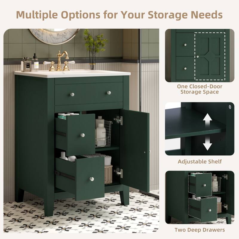 24" Bathroom Vanity with Ceramic Basin, Restroom Basin Cabinet with 2 Drawers, Small Bathroom Cabinet with Soft-Closing Door