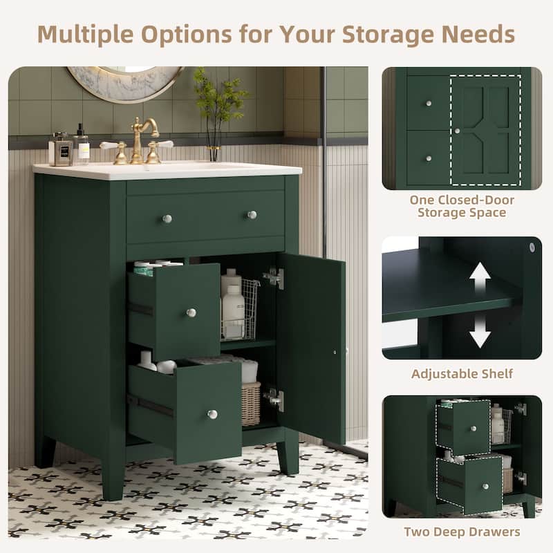 24" Modern Bathroom Vanity - Ceramic Basin, 2 Drawers & Soft-Closing Door, Compact Design