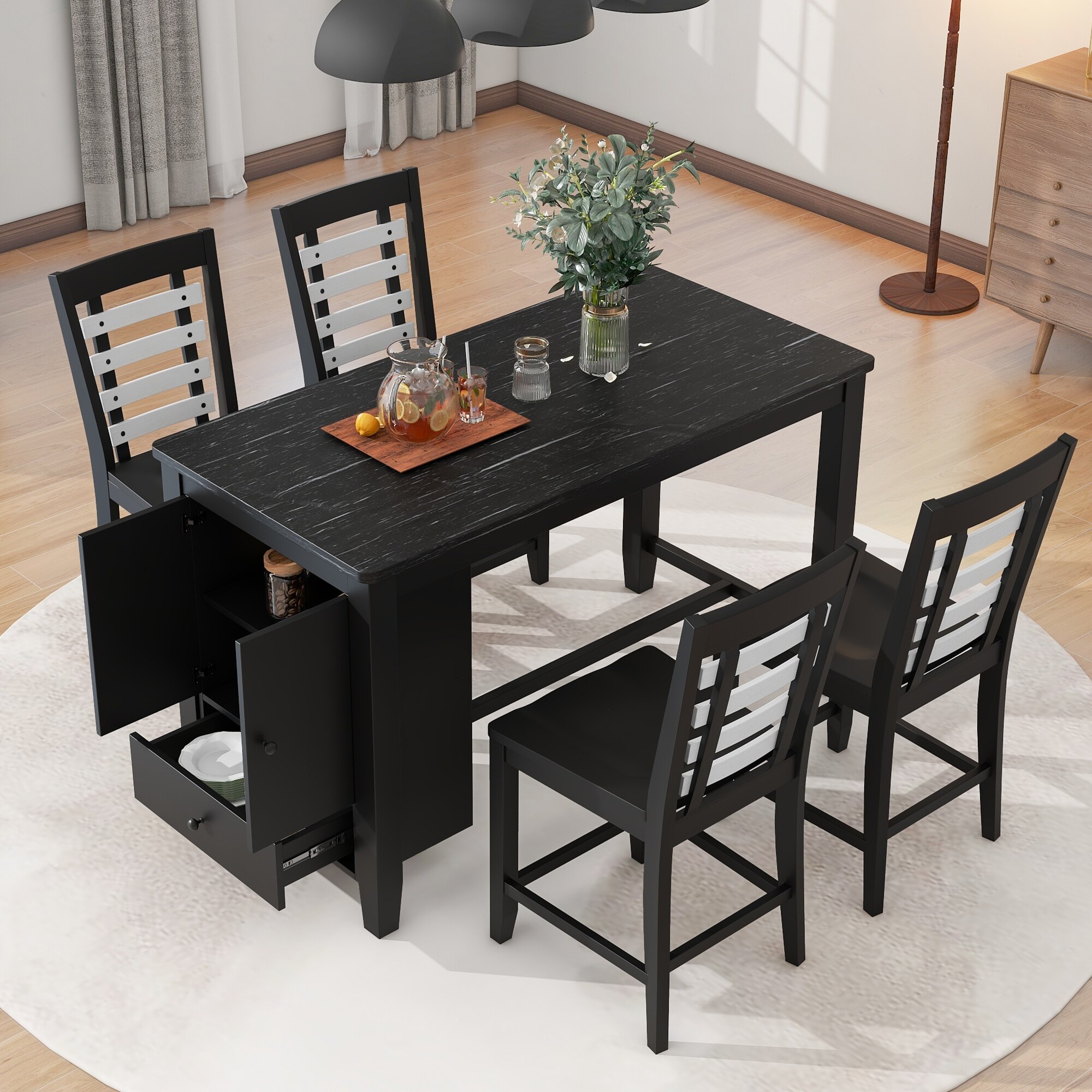 5-Piece Dining Set with Faux Marble Tabletop, Storage Drawer, Ladder Back Chair