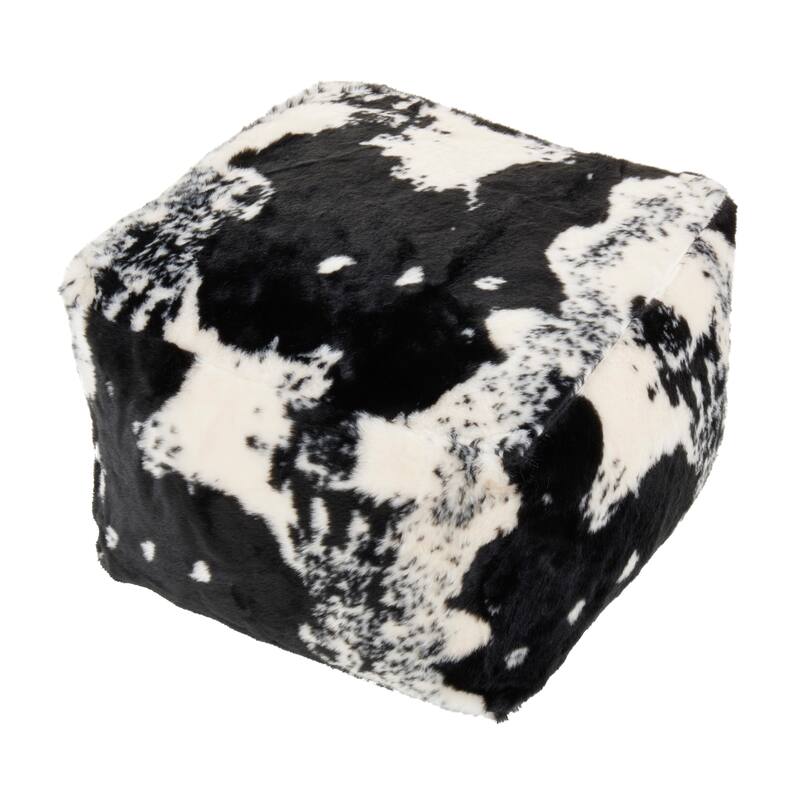 Faux Fur Pouf With Cow Hide Design - Black