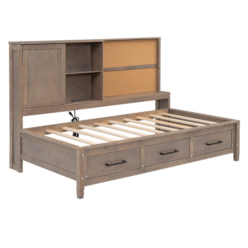 Twin Size Lounge Daybed with Storage Shelves, USB Ports, 3 Drawers