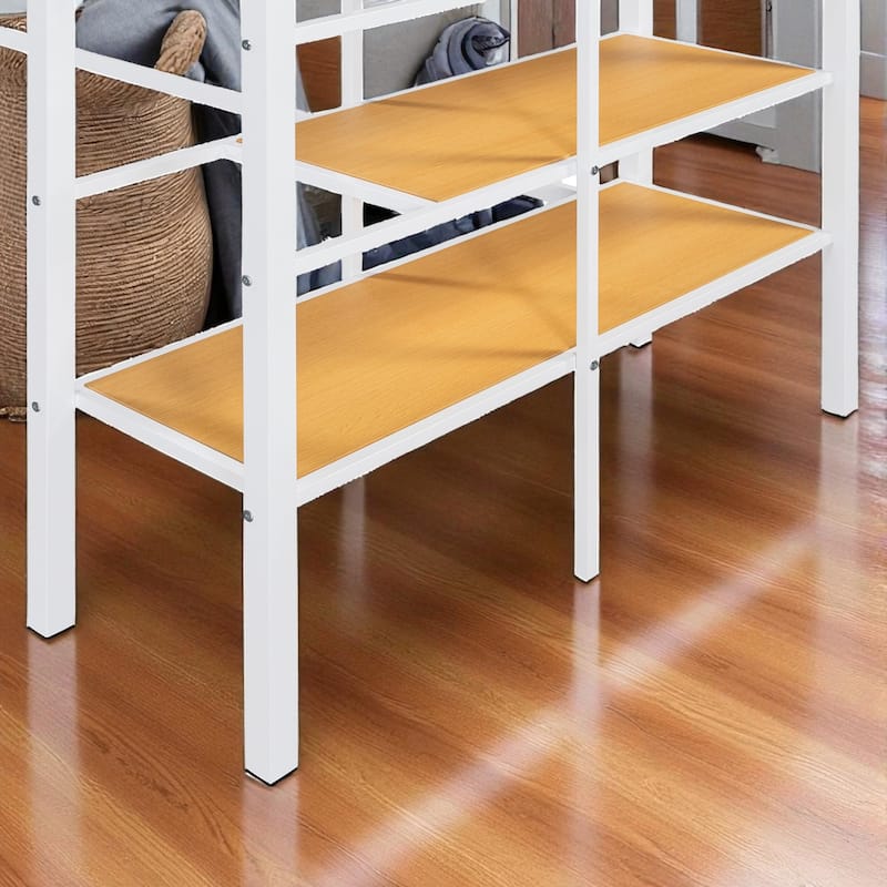 Twin Size Metal Loft Bed with Grid Storage Shelf and 4-Tier Lateral Ladder Shelves