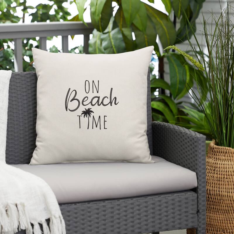 Sunbrella Indoor/Outdoor Single Embroidered Pillow - "On Beach Time" - 18 in L x 18 in W