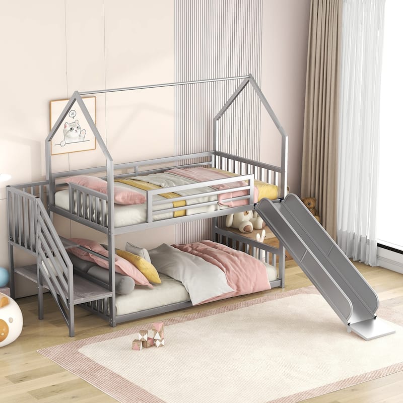 Twin Metal Bunk Bed with Slide and Storage Staircase, House-Shaped Design