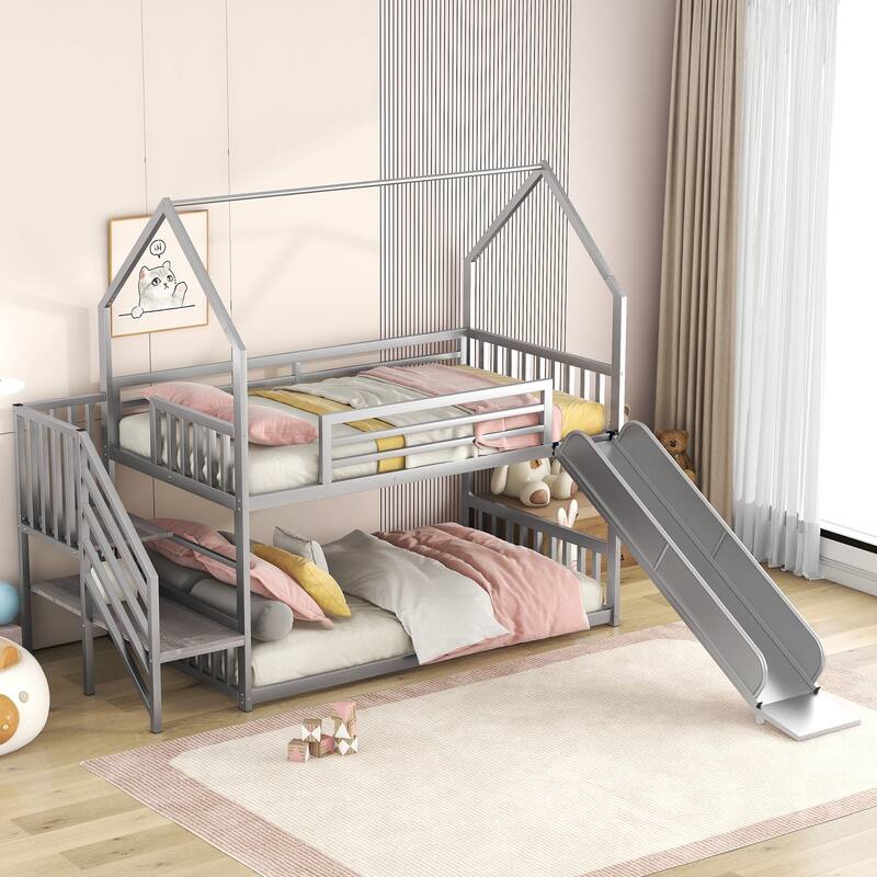 Twin Over Twin Metal Bunk Bed with Slide and Staircase, Silver
