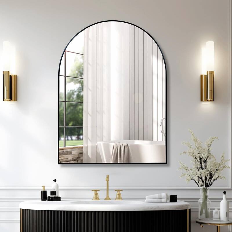 30x40 Inch Metal Framed Arched Bathroom Mirror for Wall - Black