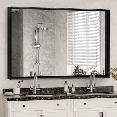 Glossy Black Modern Aluminum Framed Wall Mounted Bathroom Vanity Rectangular Mirror