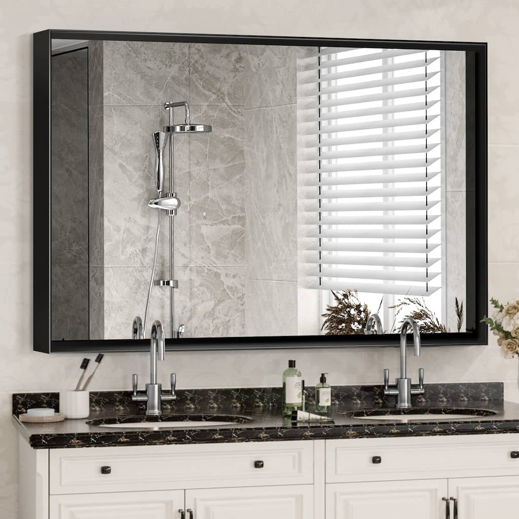 Glossy Black Modern Aluminum Framed Wall Mounted Bathroom Vanity Rectangular Mirror