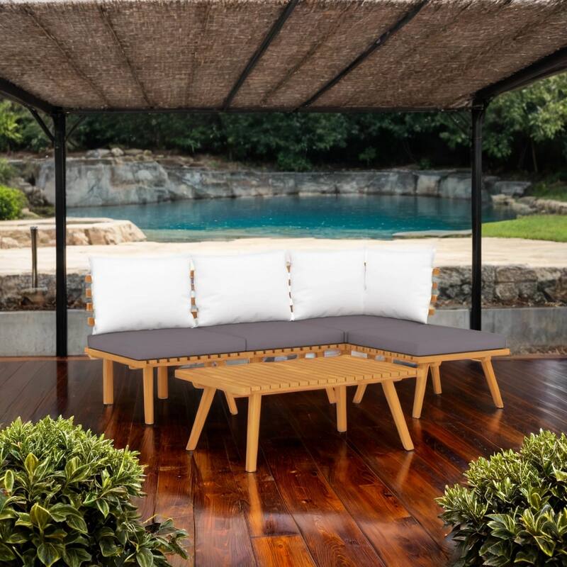 Roma 5pc Outdoor Modular Sofa Set, Table, Acacia Wood, Gray, White