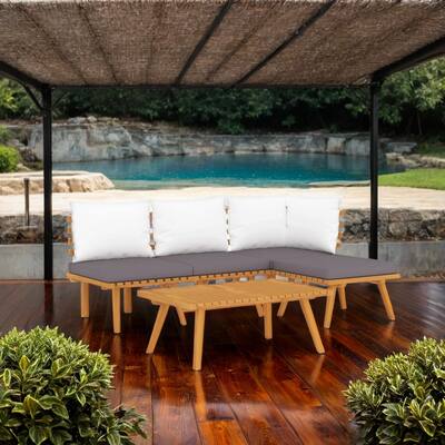 Roma 5pc Outdoor Modular Sofa Set, Table, Acacia Wood, Gray, White