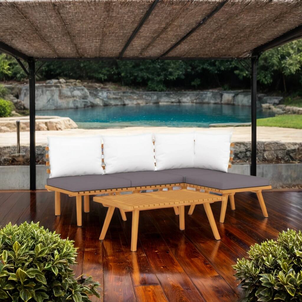 Roma 5pc Outdoor Modular Sofa Set, Table, Acacia Wood, Gray, White