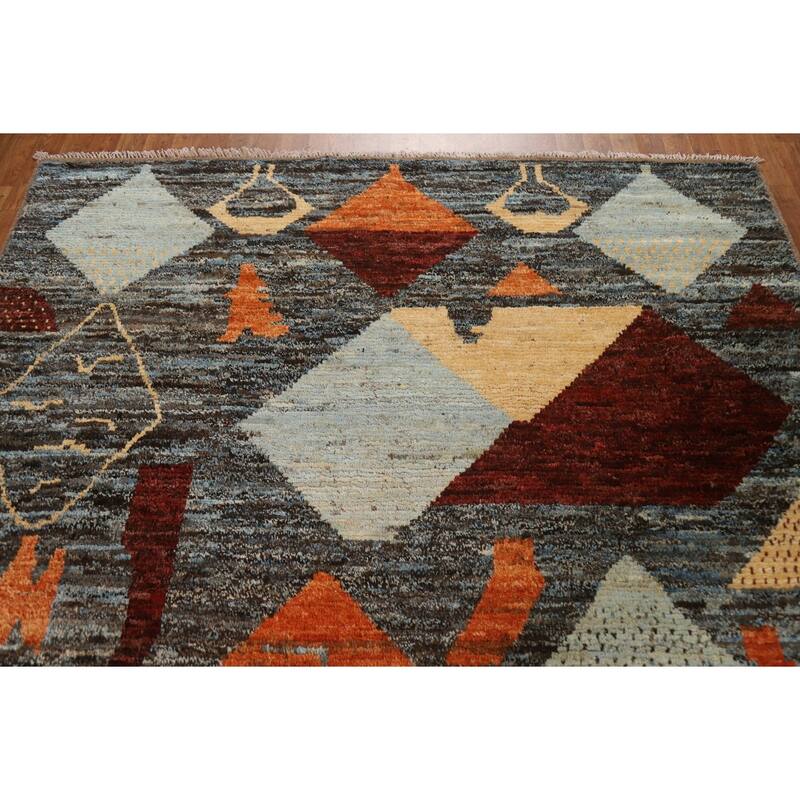 Hand Knotted Oriental 100% Wool Carpet Modern Tribal Greys & Charcoal Moroccan Area Rug - 10' 0'' X 6' 11''