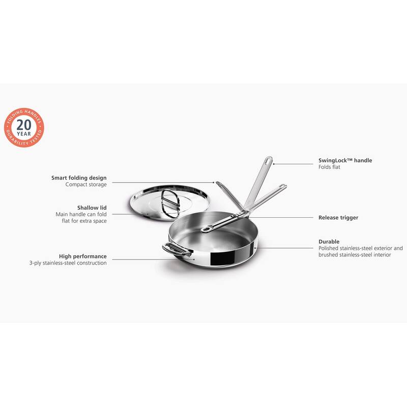 Joseph Joseph Space Steel 3.9 Qt. Stainless Steel Sauté Pan with Folding Handle and Lid