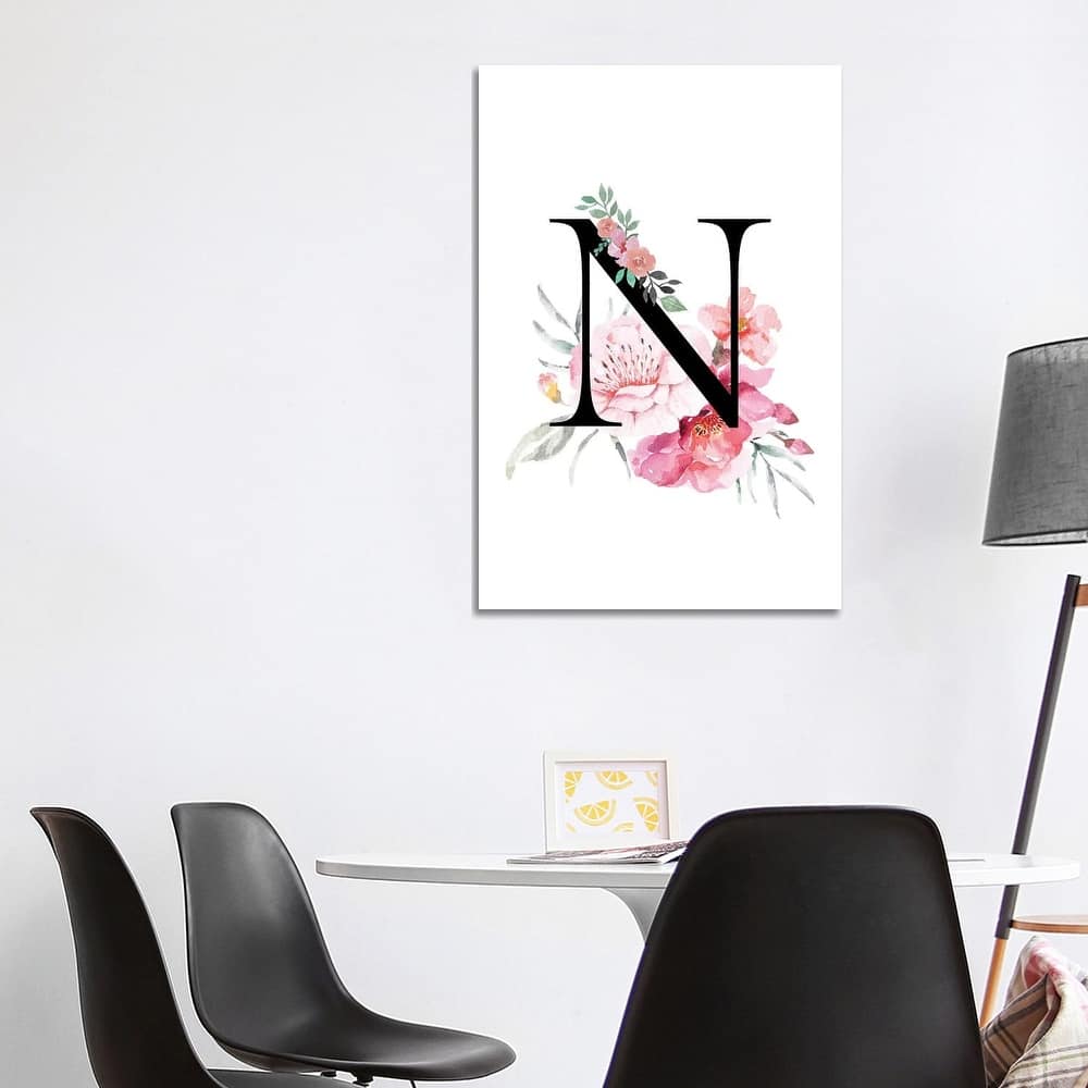 iCanvas "'N' Initial Monogram With Watercolor Flowers" by Design Harvest Canvas Print