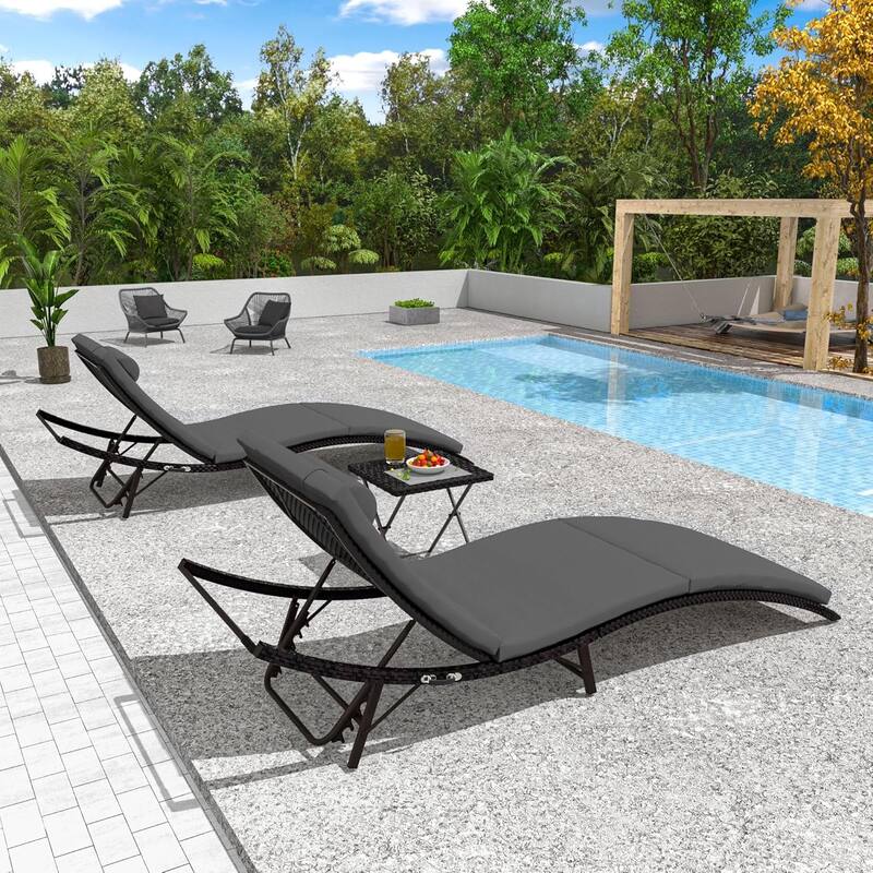 3-Pieces Wicker Outdoor Chaise Lounge Set w/ Two Foldable Lounge Chairs and one Side Table