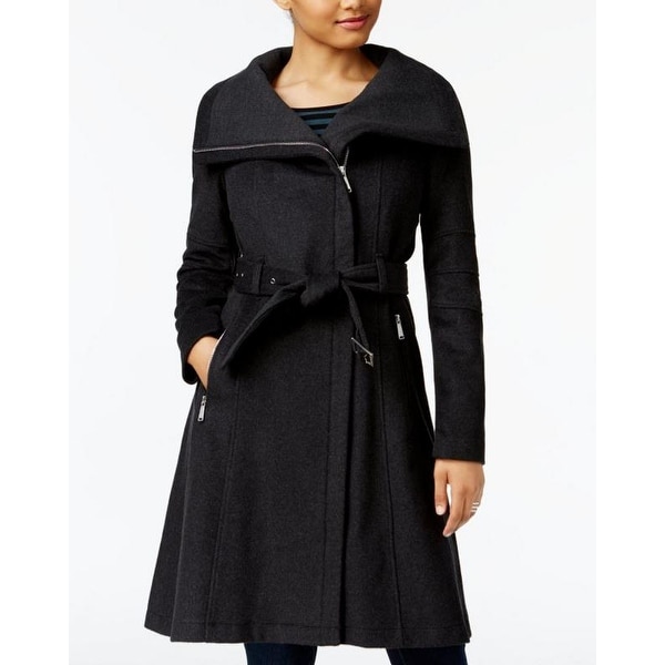 BCBGeneration Women's Charcoal Gray A-Line Belted Wool Asymmetrical Zip Coat. Opens flyout.