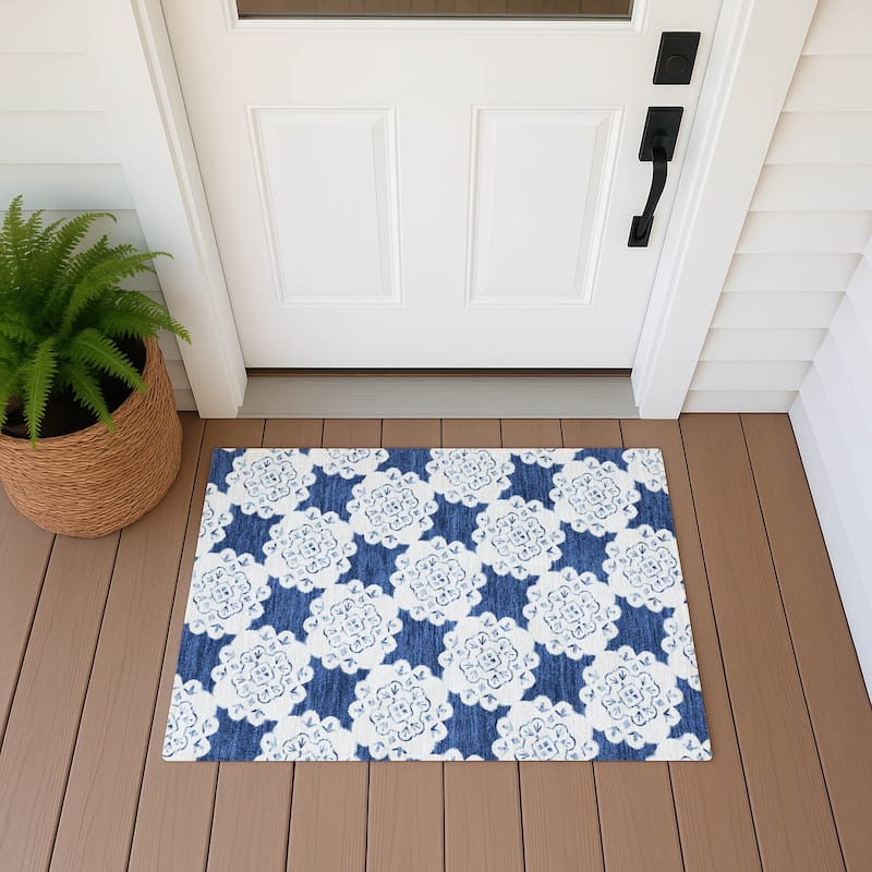 Machine Washable Indoor/ Outdoor Global Motif Chantille Rug - Navy - 1'8" x 2'6"