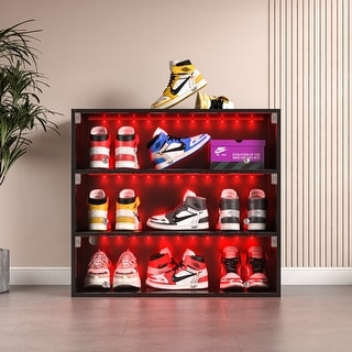 Stackable Shoe Storage Led 3-Layer LED Shoe Cabinet with Glass Sliding Doors, Black - 31.10” x 14. ...