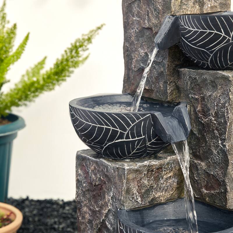 Glitzhome 32.75"H Oversized 4-Tier Leaf Textured Resin Outdoor LED Fountain