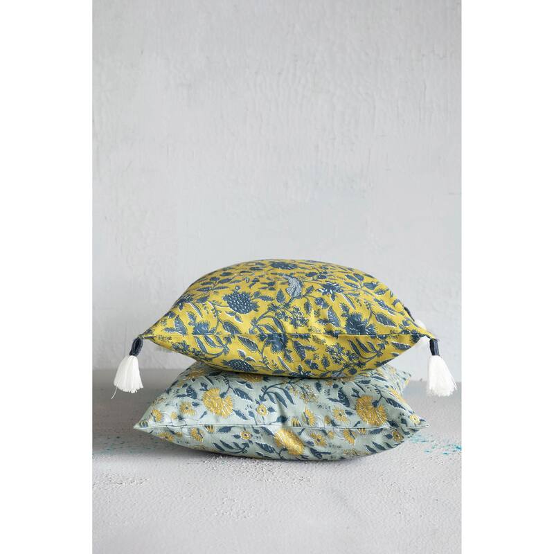 Cotton Pillow with Floral Pattern and Yarn-Wrapped Tassels