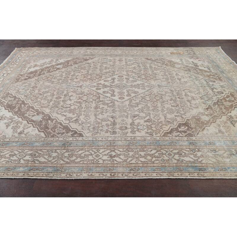 Muted Traditional Geometric Hamedan Persian Area Rug Wool Handmade - 6'10" x 9'9"