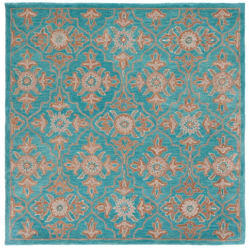 SAFAVIEH Handmade Heritage Peony Damask Traditional Oriental Wool Rug - 6' Square - Turquoise/Multi