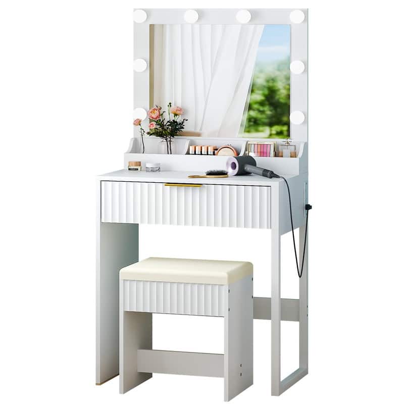 Particle Board Veneered with Textured Melamine, 1-drawer 3-compartment Dressing Table Set with 8 Three-color Dimmable Bulbs