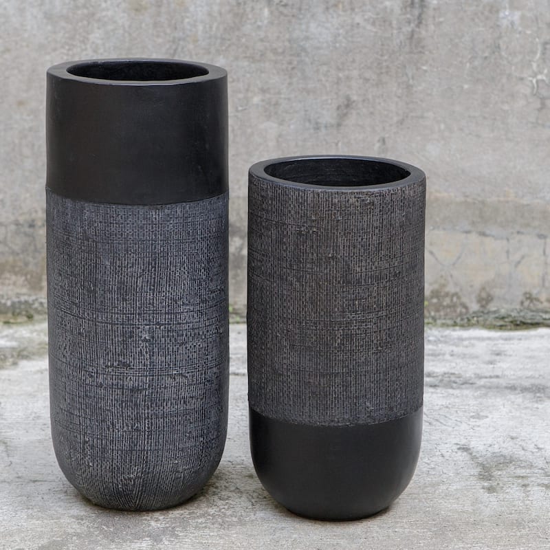 Woven Shadow Terracotta Vases - 15.25" - Black - Set of 2