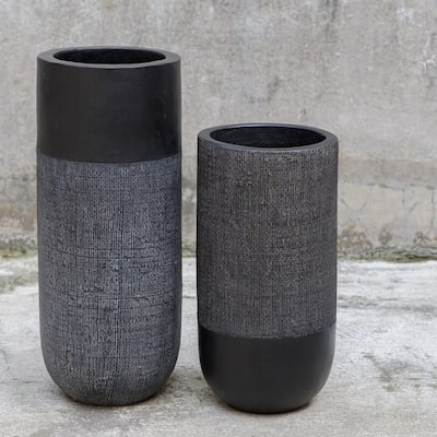 Woven Shadow Terracotta Vases - 15.25" - Black - Set of 2